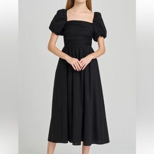 WAYF Black Lucy Ruched Puff Sleeve Midi Dress